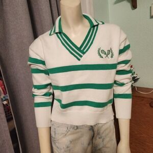 Luna Ivy Anthropologie White Green Striped Cropped Pullover Sweater Tennis Sz M